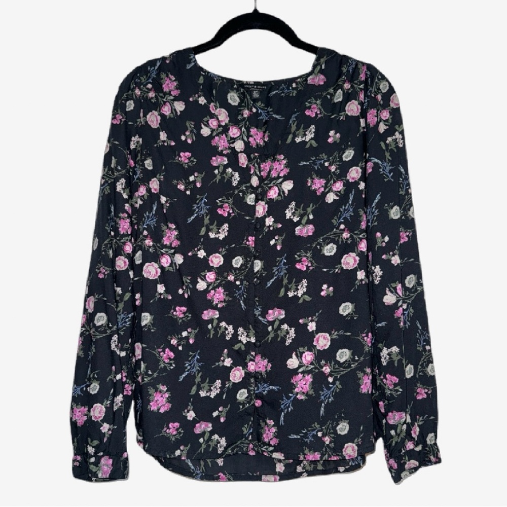Lucky Brand BlueBlack Floral Long Sleeve V-Neck Blouse w/ Button Front Size S